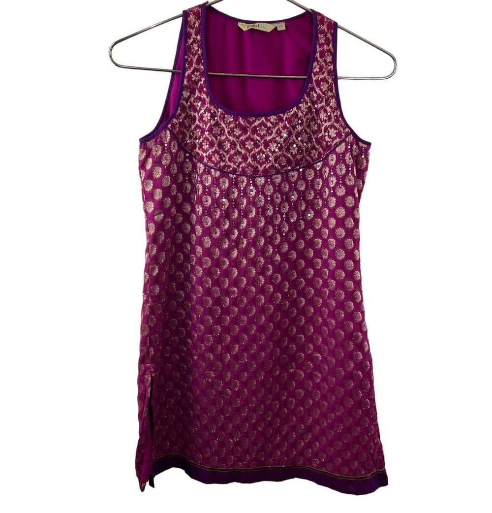 Global Design Pink Sleeveless Scoop Neck Beaded Tunic Top Mini Dress XS